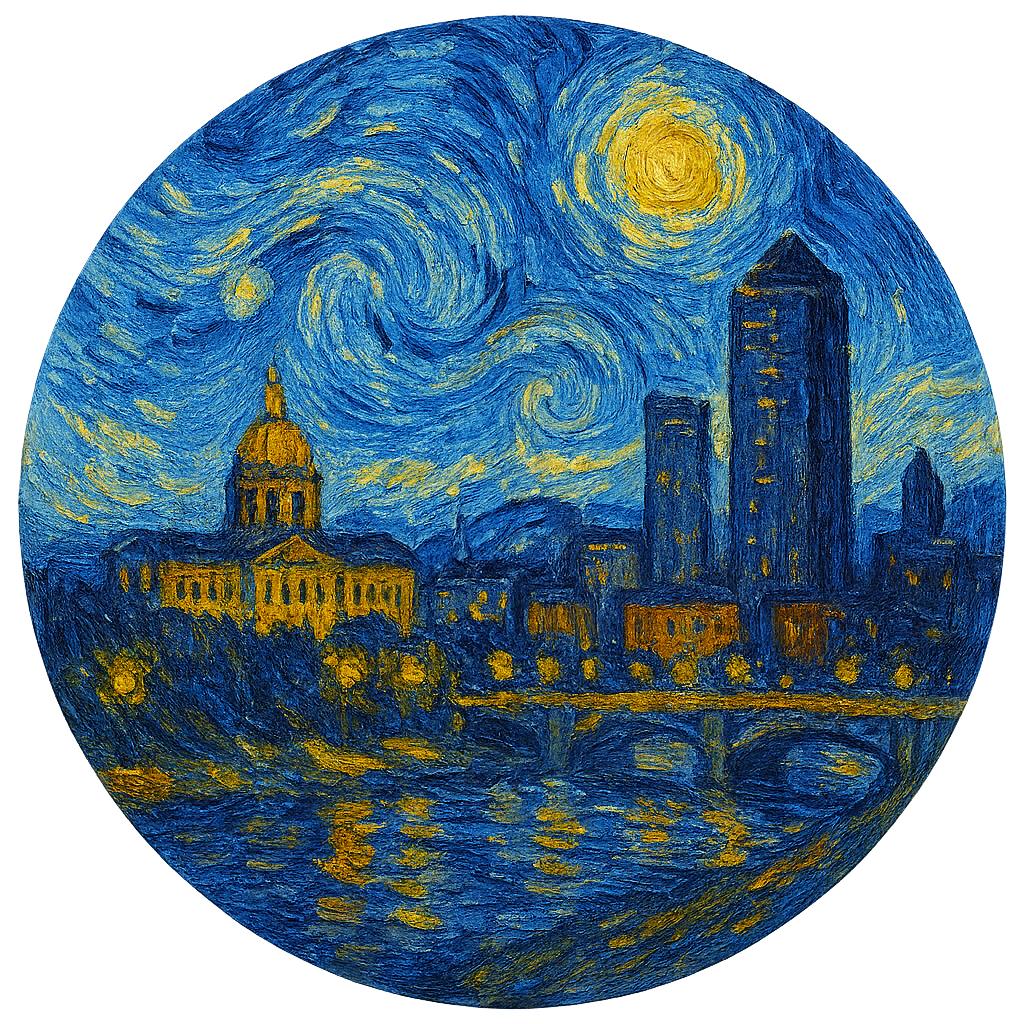 Des Moines skyline in Van Gogh's Starry Night style